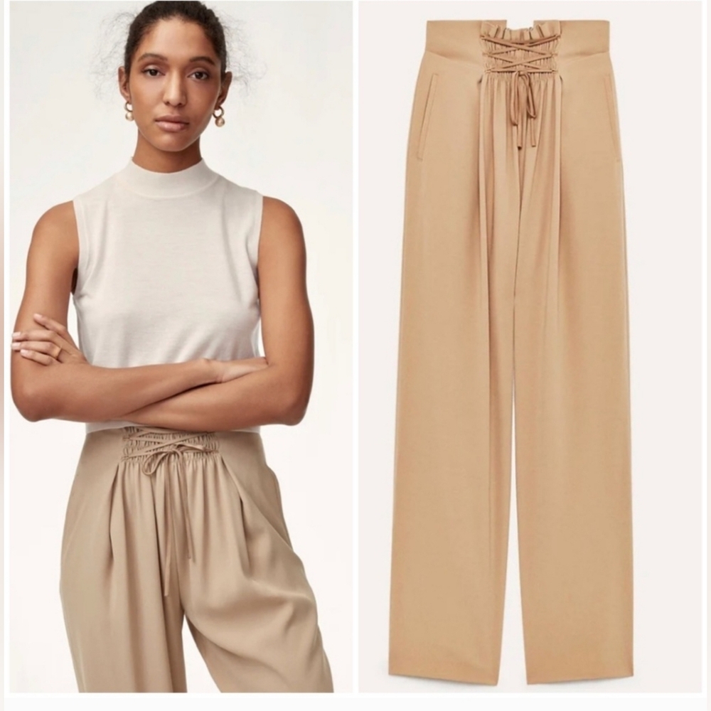 Aritzia Babaton Lebna Crepe High Waisted Wide Leg Lace-up Waist Pants Size M Tan